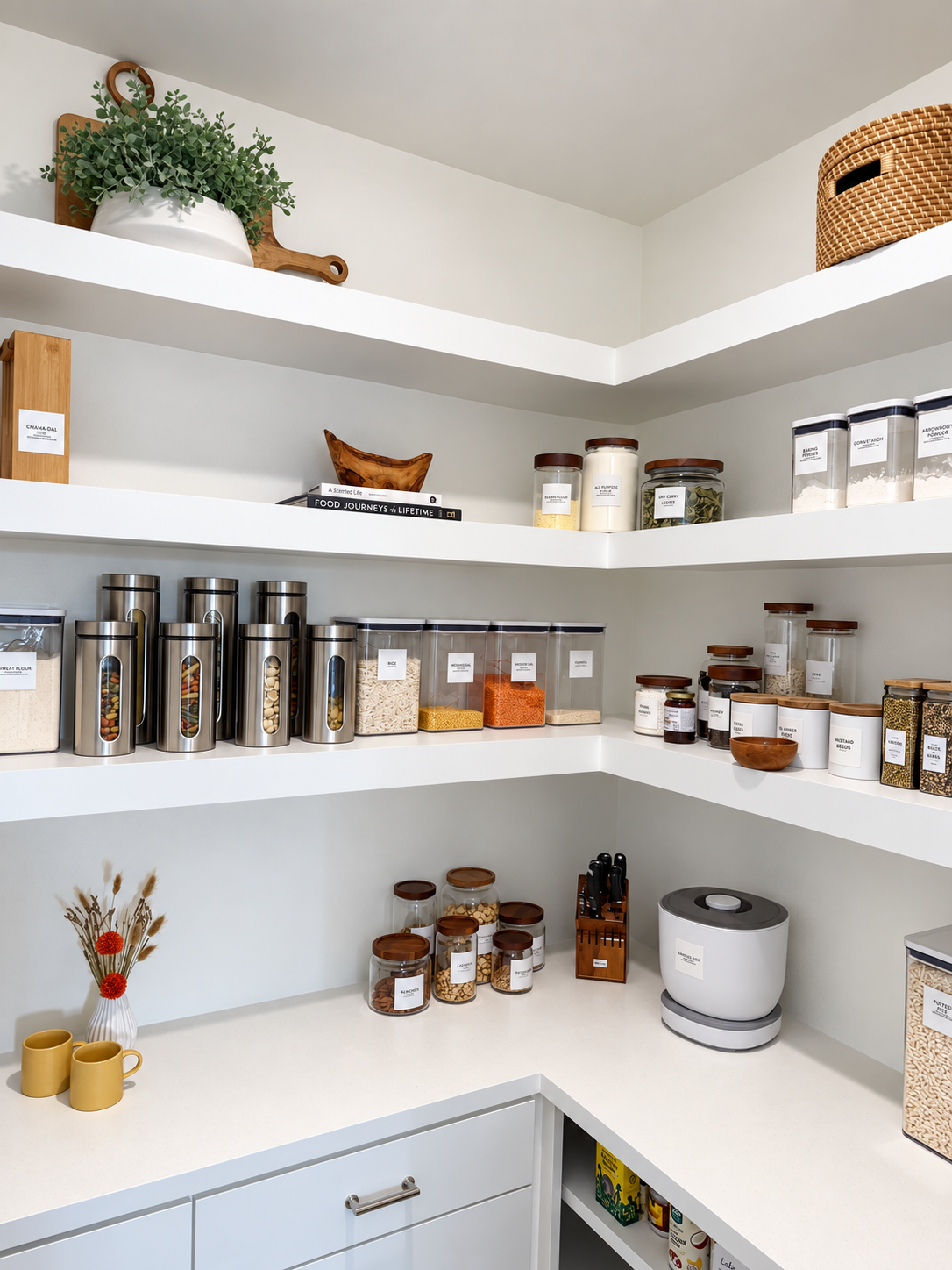luxury walk-in pantry in the Heights Houston with a combo of canisters and a plant, cutting board and flowers.