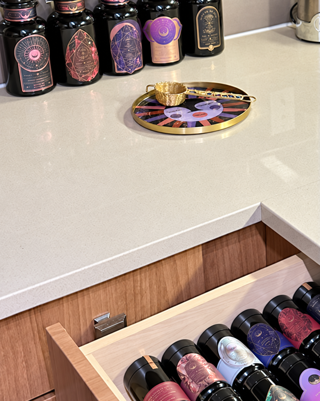 Organized black tea canisters in a drawer and on the countertop in Galleria, Houston