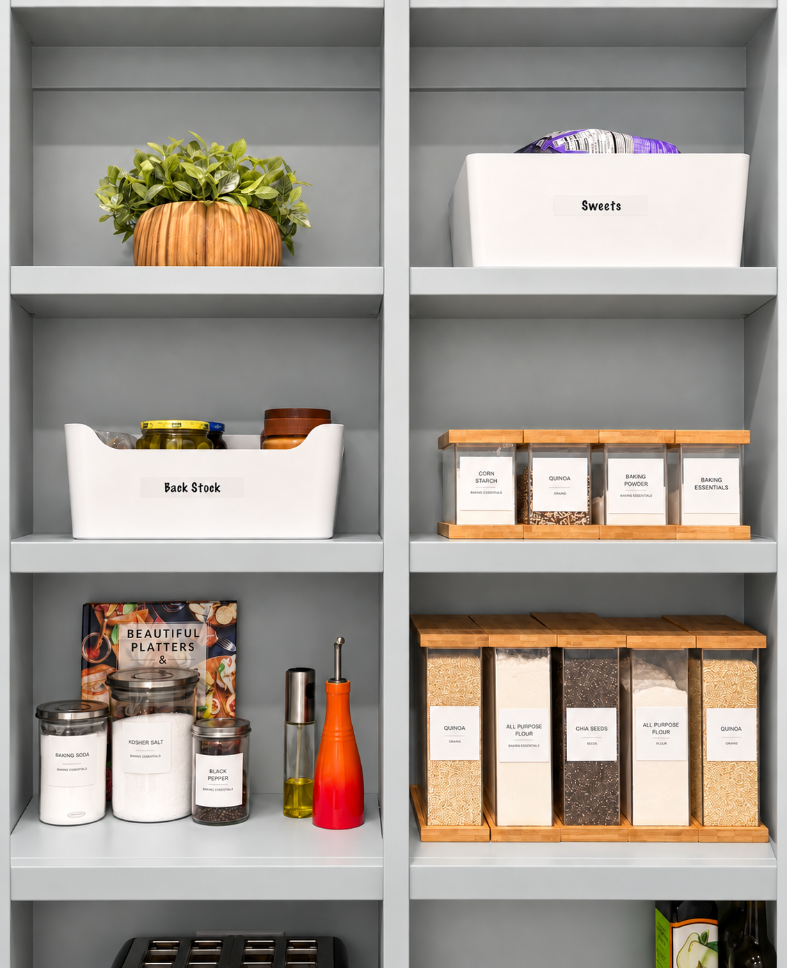 Woodlands, Texas organized pantry shelves that are painted a teal gray color.