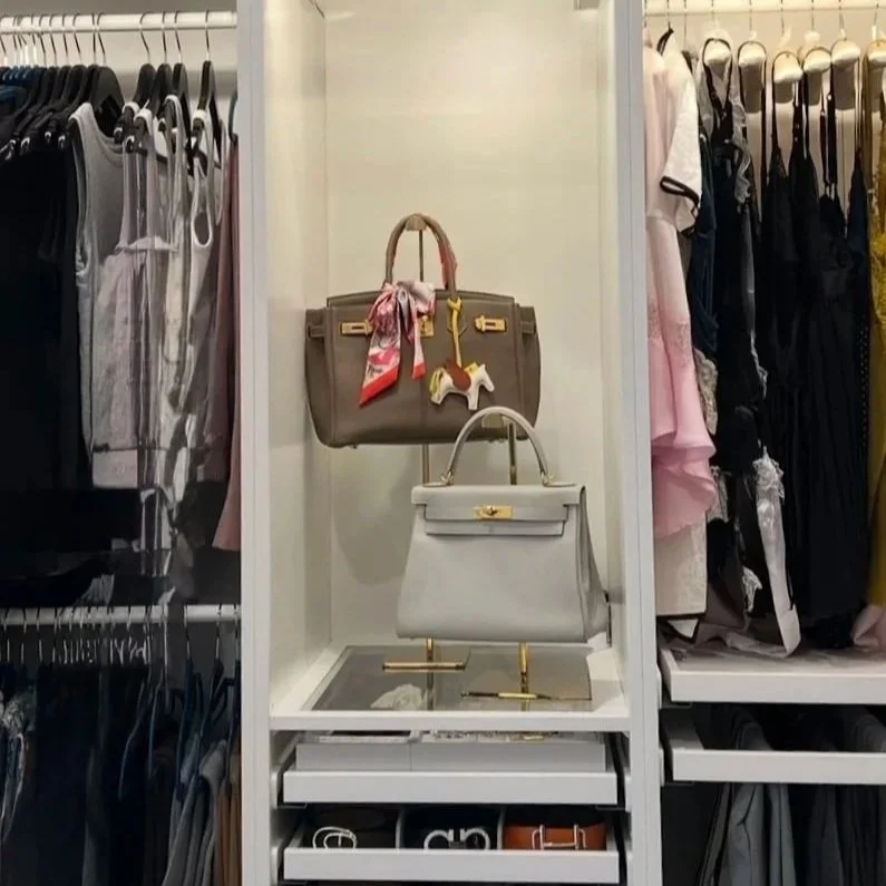 Handbags arranged on illuminated closet shelves by Luxury Pro Organizer.