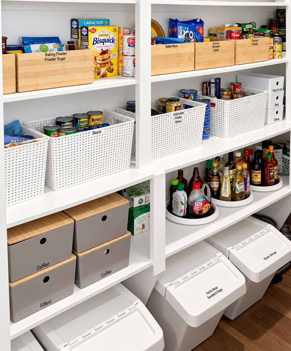 Montgomery, Texas walk-in pantry organized with labeled bamboo, beige and white containers.