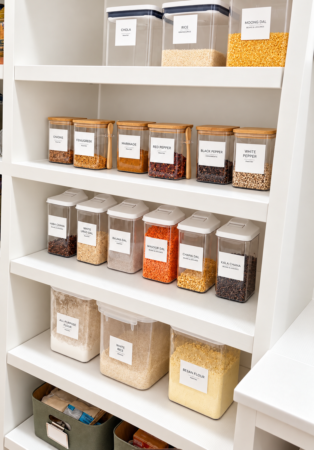 Indian cooking supplies in canisters on white shelves in a walk-in pantry in Bellaire, Texas