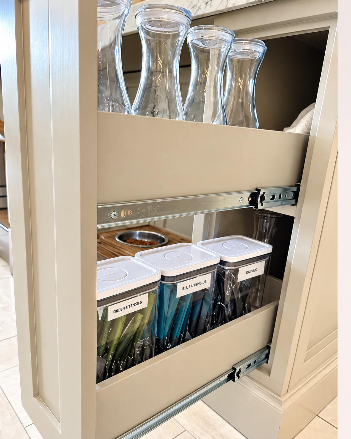 clear water carafes and containers holding utensils in a narrow pull-out cabinet