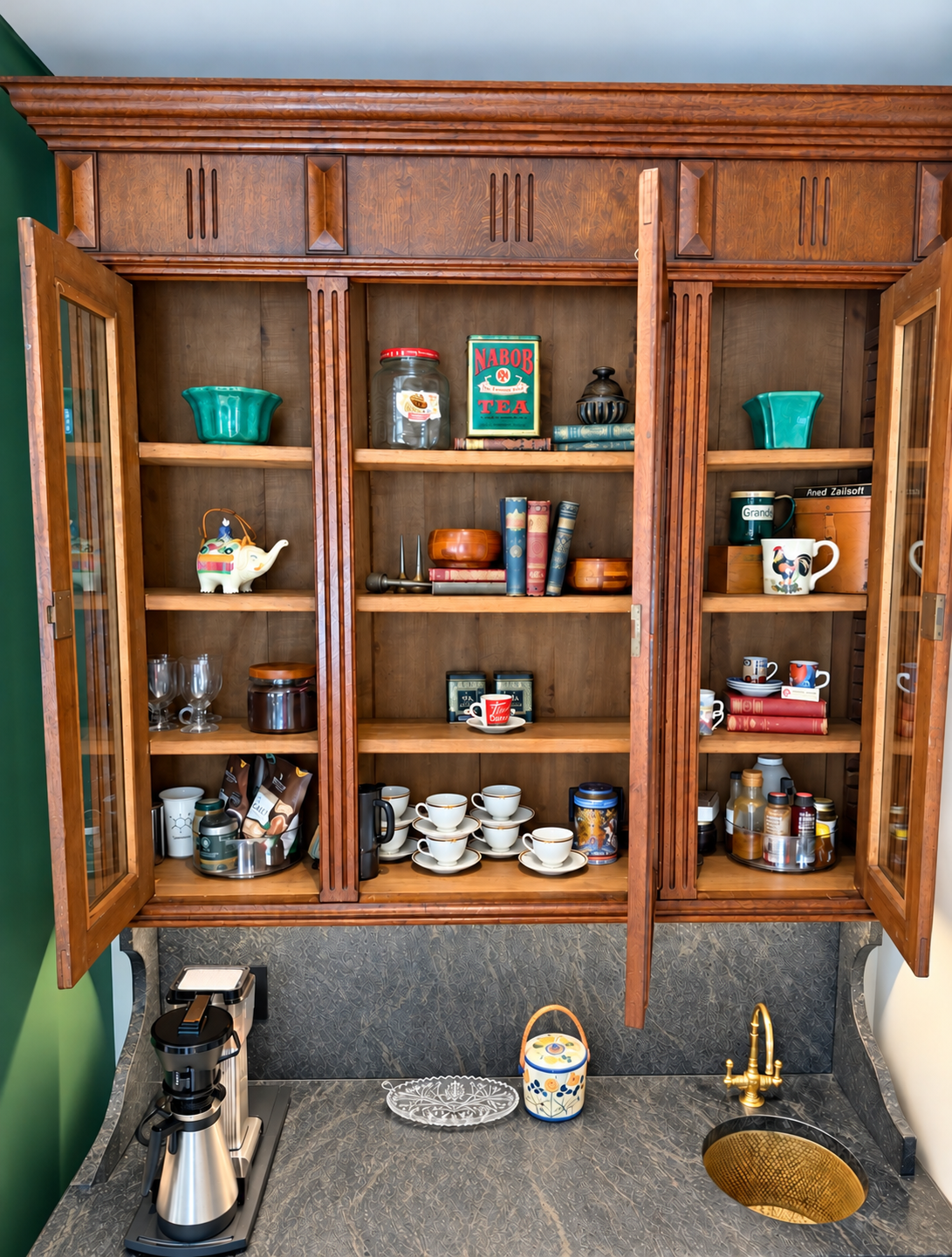 Antique cabinet tea and coffee station in a home in Katy, Texas