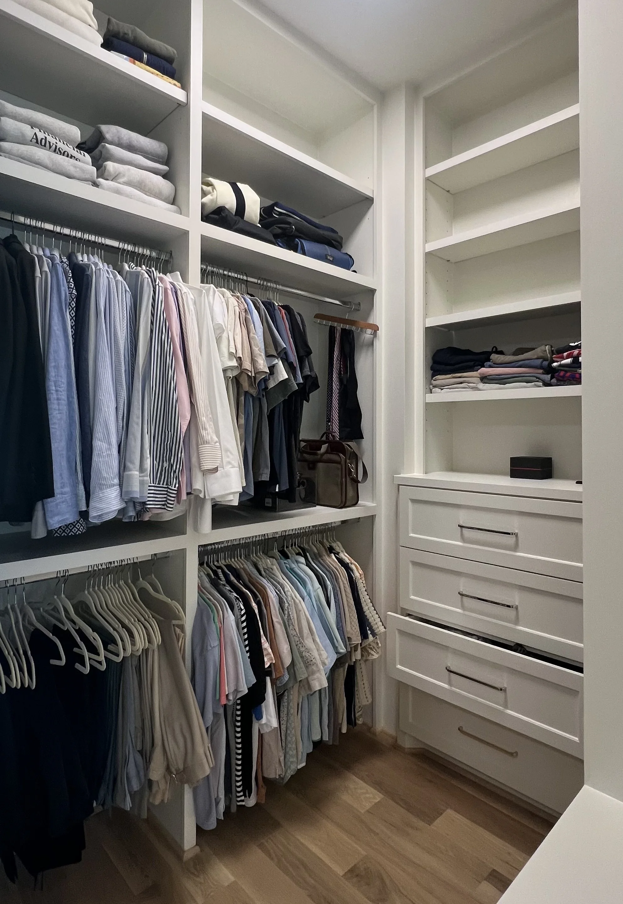 Professionally organized men's closet in a West University Place Houston home