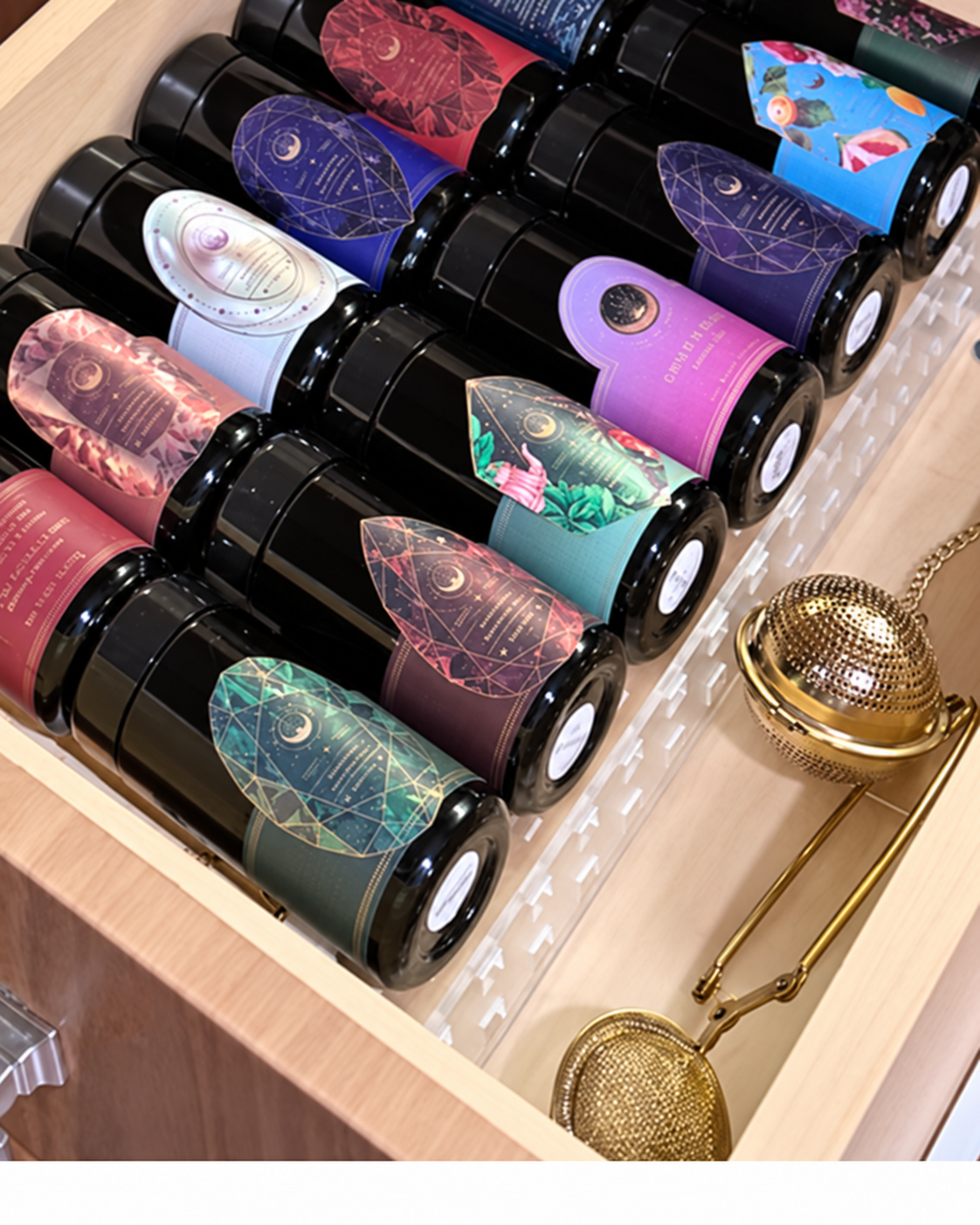 Open drawer organized with Black tea canisters and gold tea leaf filters.