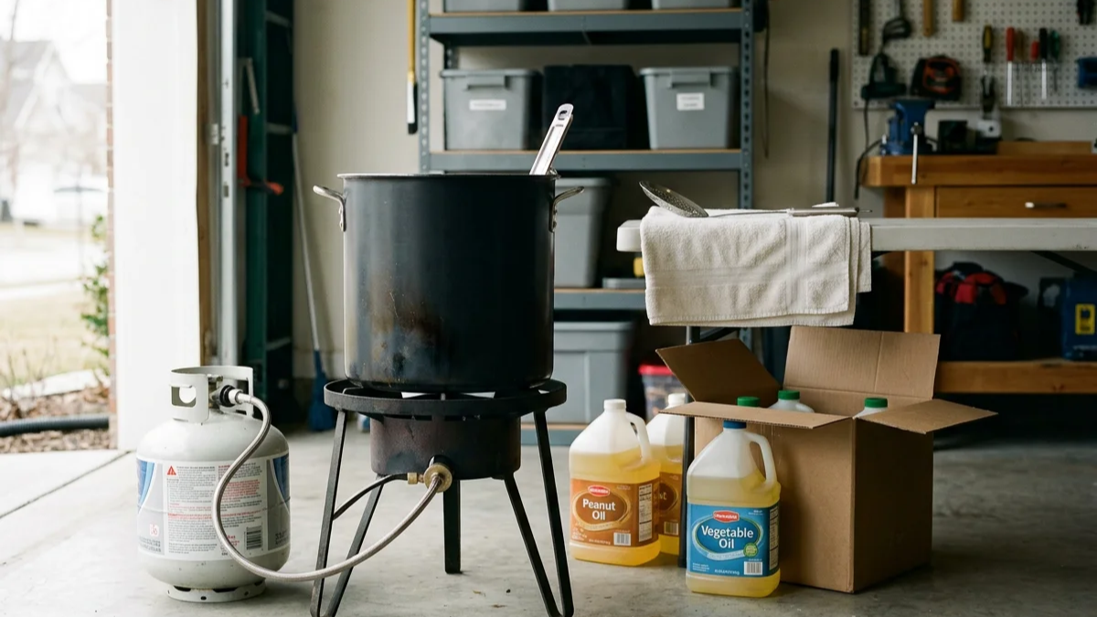 Turkey fryer and containers of cooking oil stored in a garage