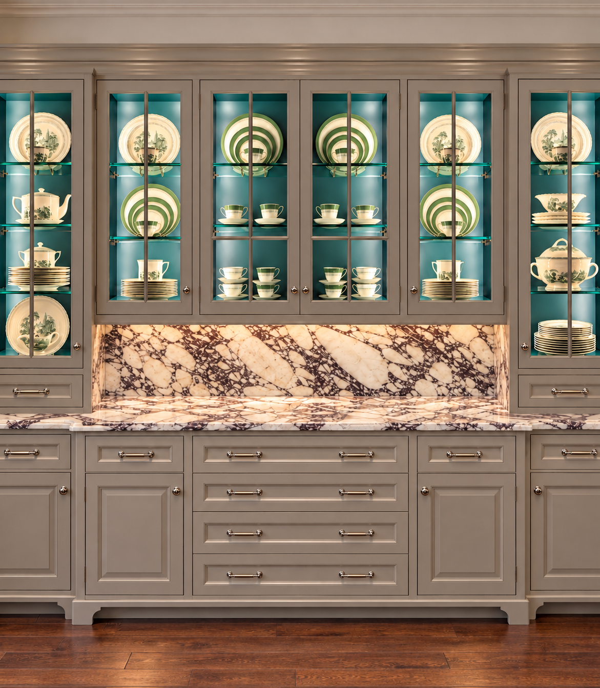 River Oaks, Houston, beautiful china cabinet organized by Luxury Pro Organizer with a marble countertop.