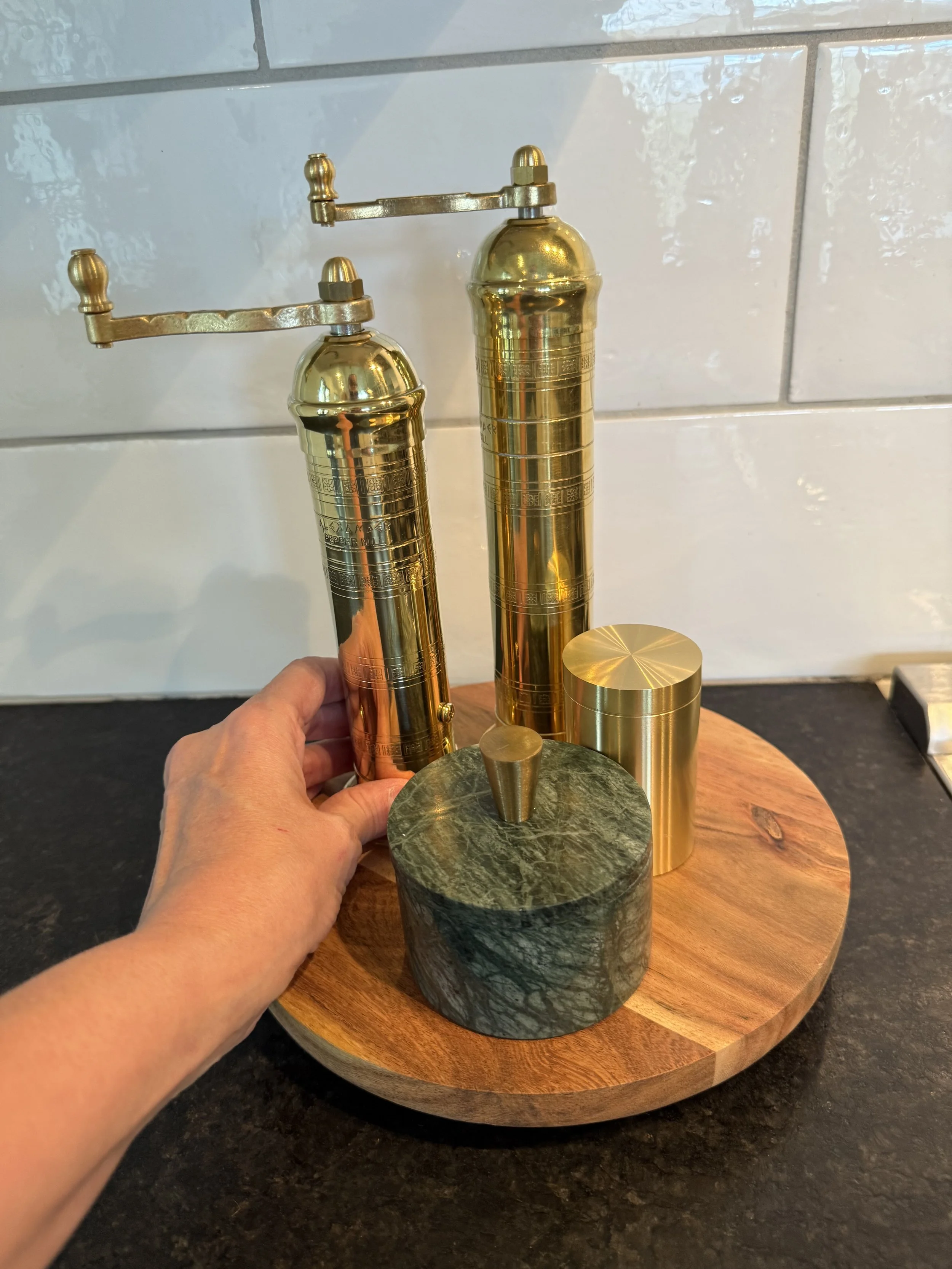 Salt and Pepper grinders in a modern home in the Heights displayed by Carol Appelbaum