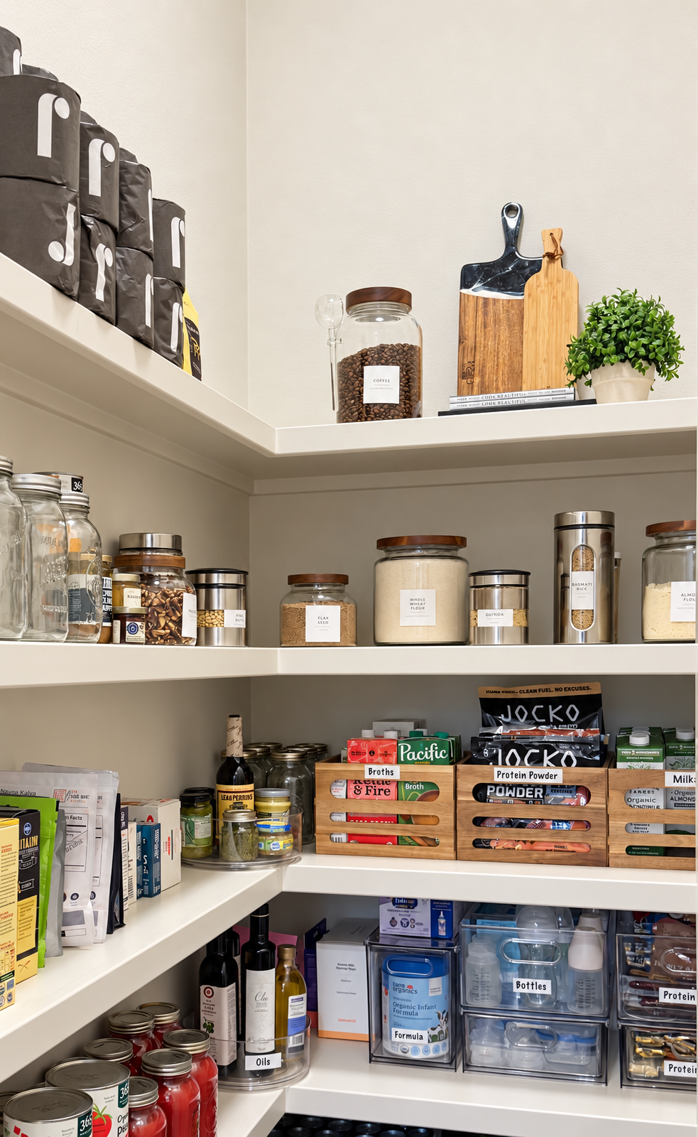 pantry with clear storage drawers, wooden rectangle storage containers, canisters, cutting board and a  plant in River Oaks, Houston Pantry. 