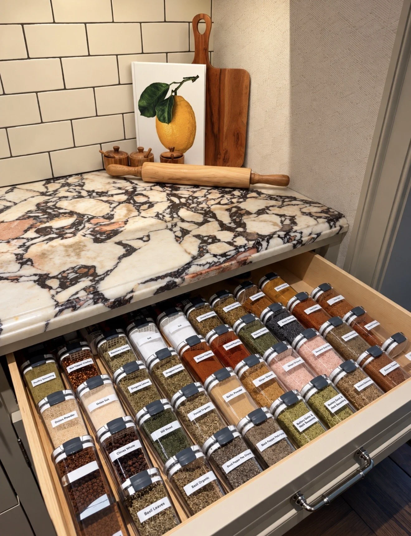 spice drawer in River Oaks, Houston with a book that has a lemon on it and a rolling pin.