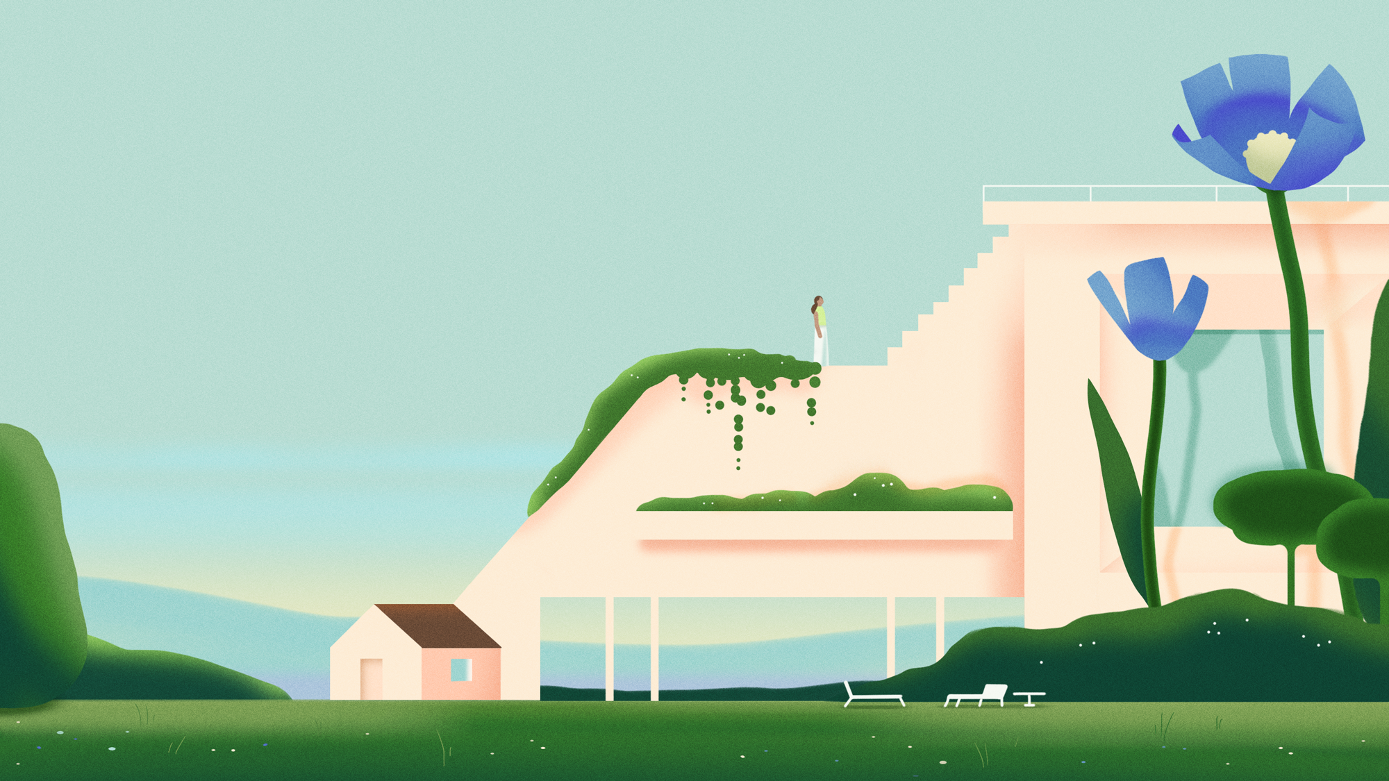 Digital illustration of a modern building with large blue poppy flowers in the foreground, a woman walking on a grassy balcony, and a small house at the bottom left.