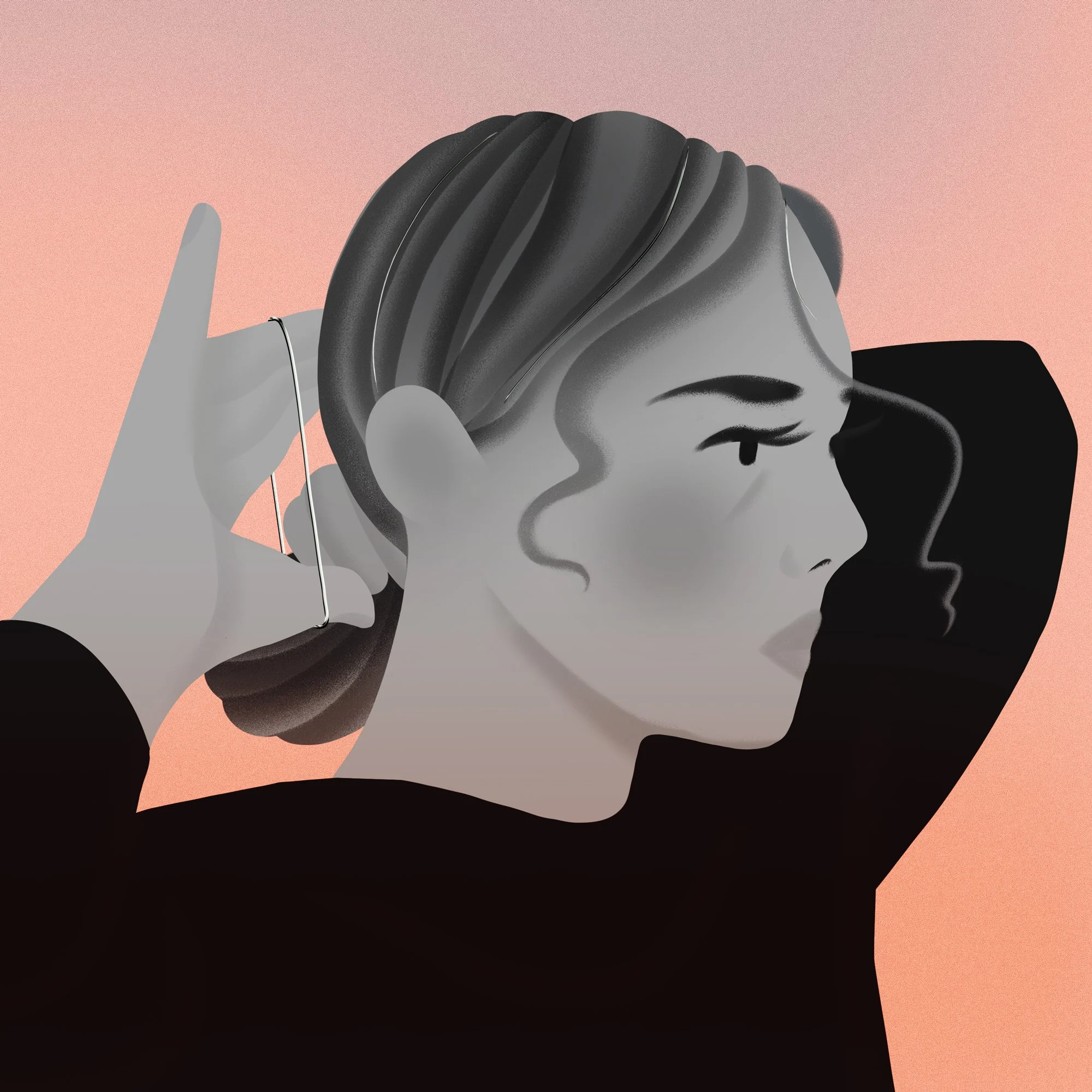 Black and white digital artwork of a woman with closed eyes, holding an earbud to her ear, with a pink background.