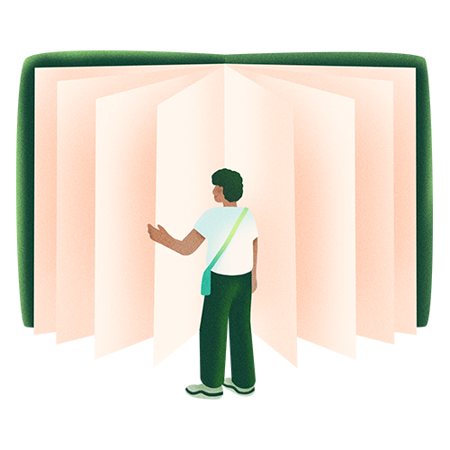 A person with curly hair wearing a white shirt, green pants, and carrying a green bag is standing in front of an open set of pink and cream doors.