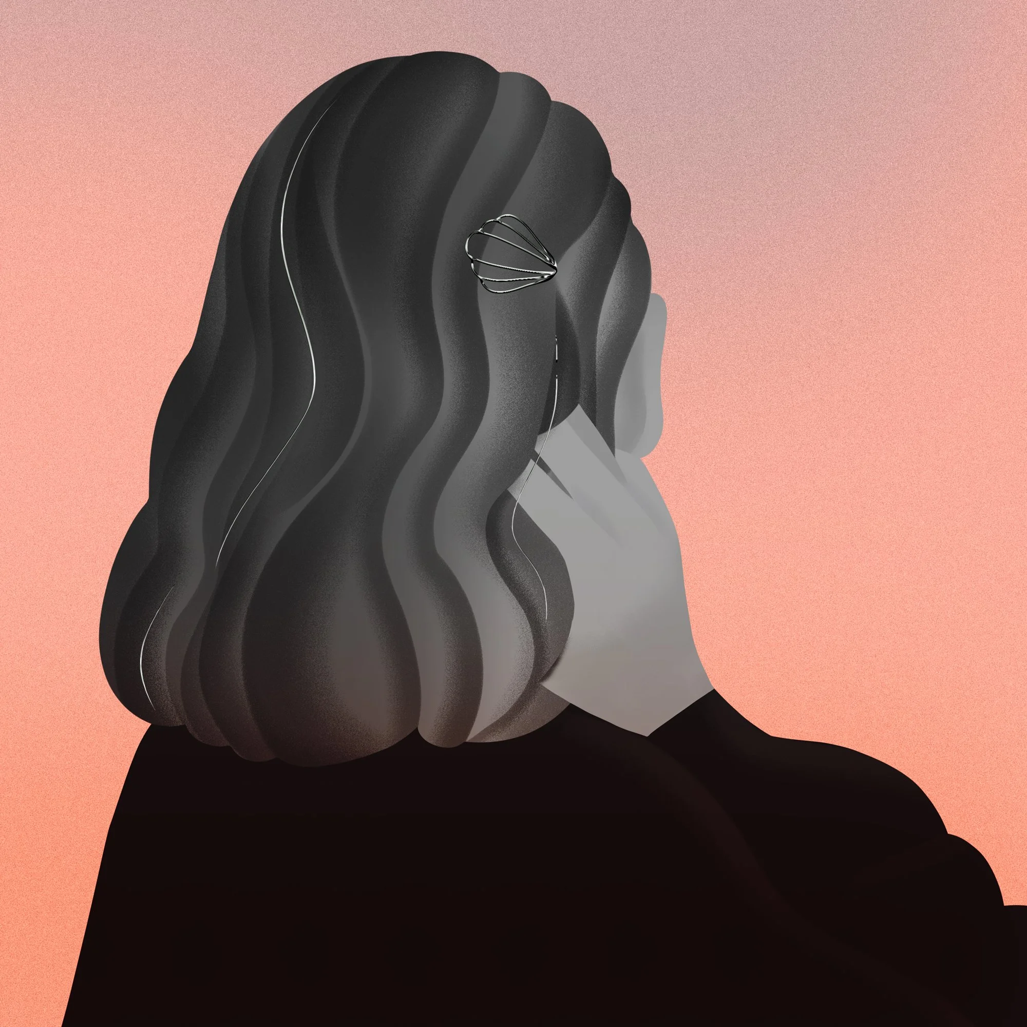 Digital illustration of a silhouette of a woman with dark hair against a pink background, with a butterfly clasp on her hair.