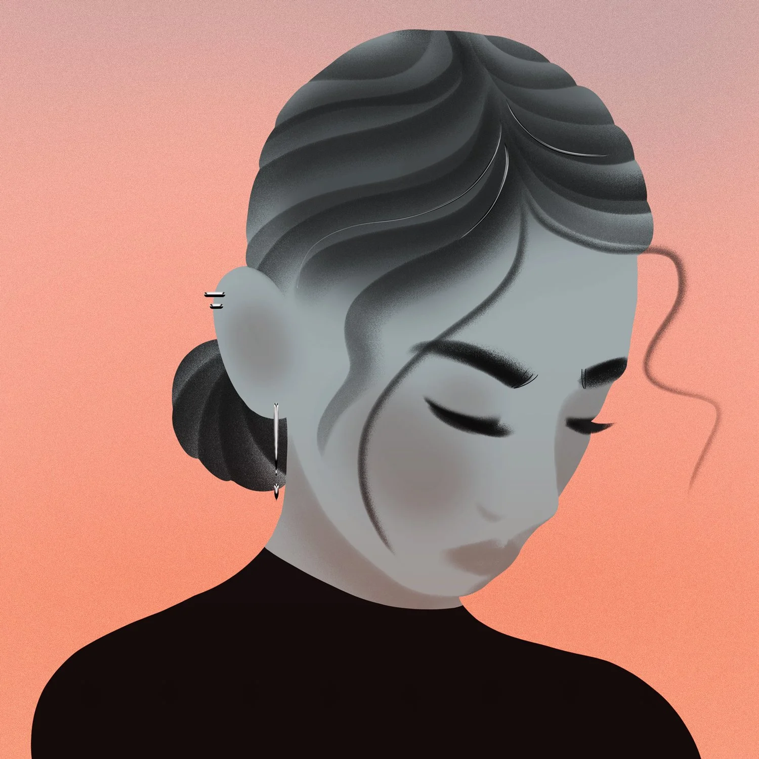 A digital illustration of a woman with light skin and dark hair styled in waves. She has her eyes closed, wearing multiple earrings, including hoops and pins. The background is coral pink, and she is wearing a black top.