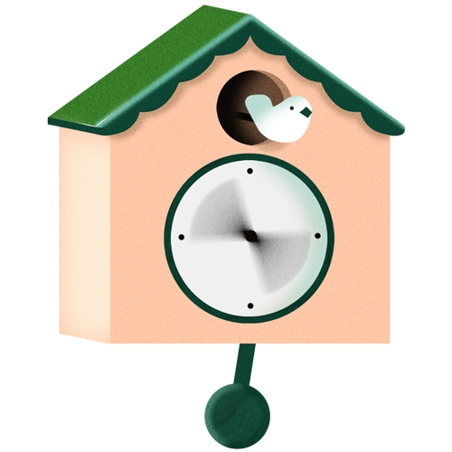 A stylized cuckoo clock with a white bird emerging from a small door, and a round clock face showing the time as approximately 3:20.