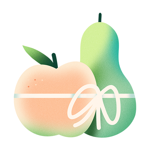 Illustration of a peach with a green leaf and a pear in the background.