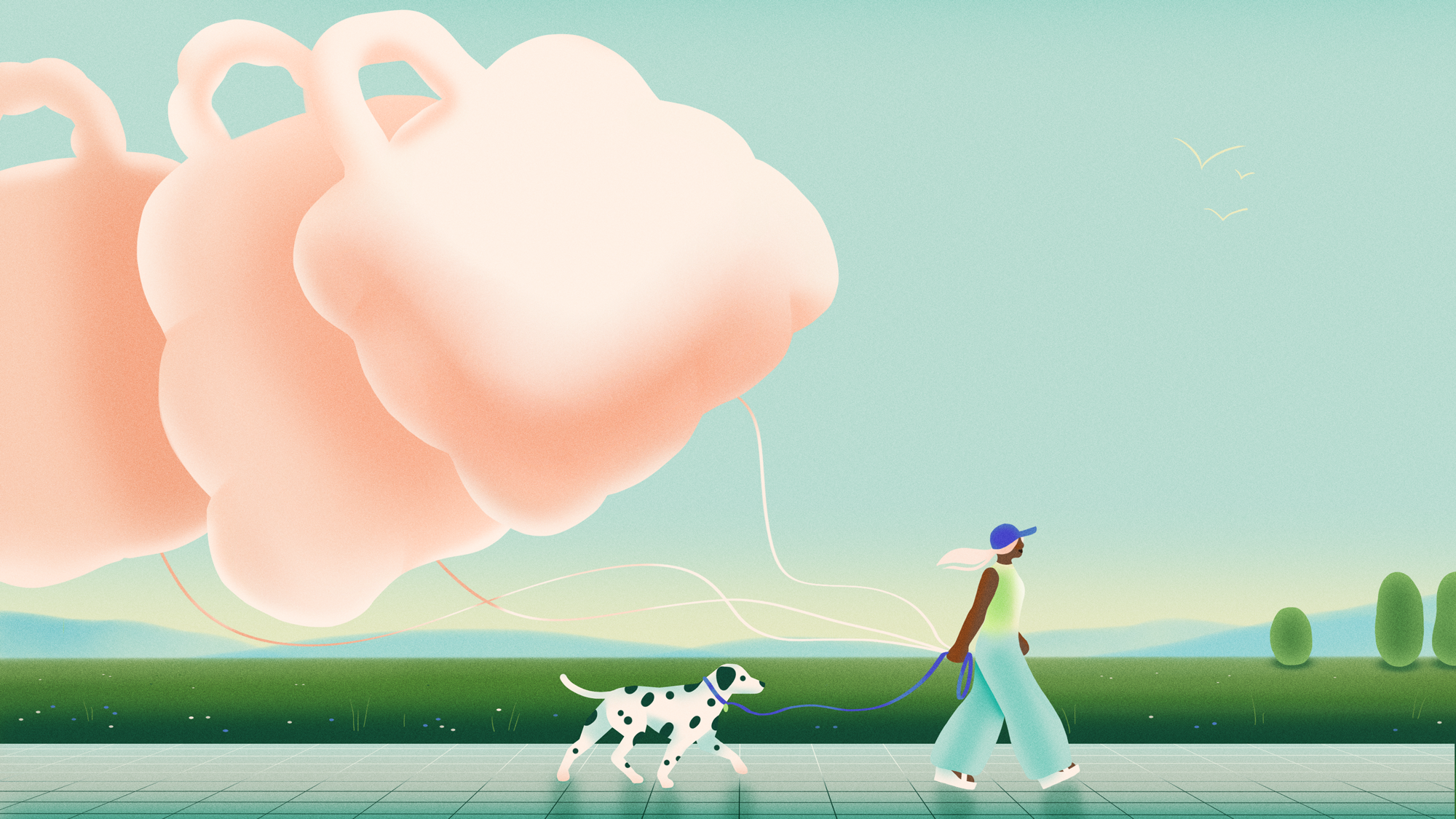 A woman walking her Dalmatian dog outdoors on a leash, with pink clouds and birds flying in the sky.