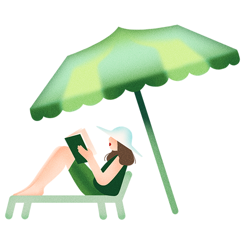 Illustration of a person lying on the beach under a green and yellow umbrella, holding a phone.