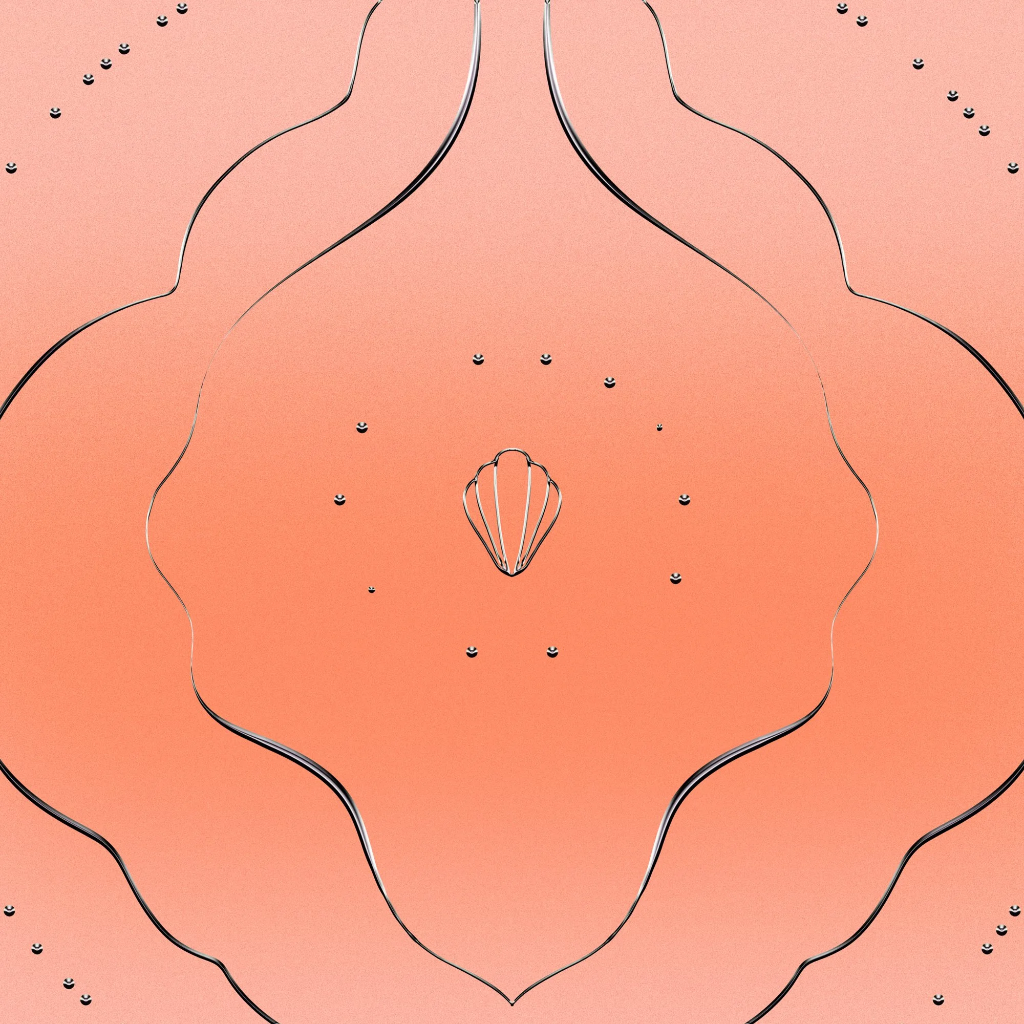 Close-up of a wireframe outline of a heart on a peach-colored background with scattered black and white beads.