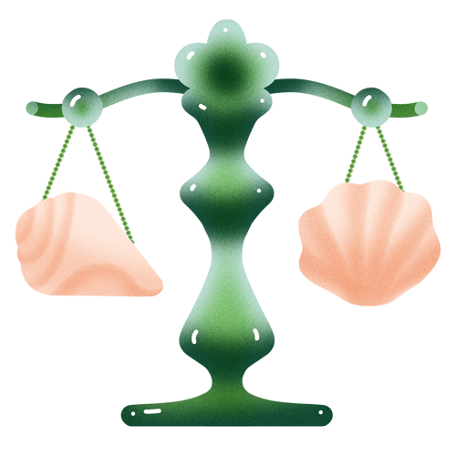 A stylized illustration of a balance scale with a green, hourglass-shaped central pillar, and two peach-colored weight dishes hanging from chains on either side.