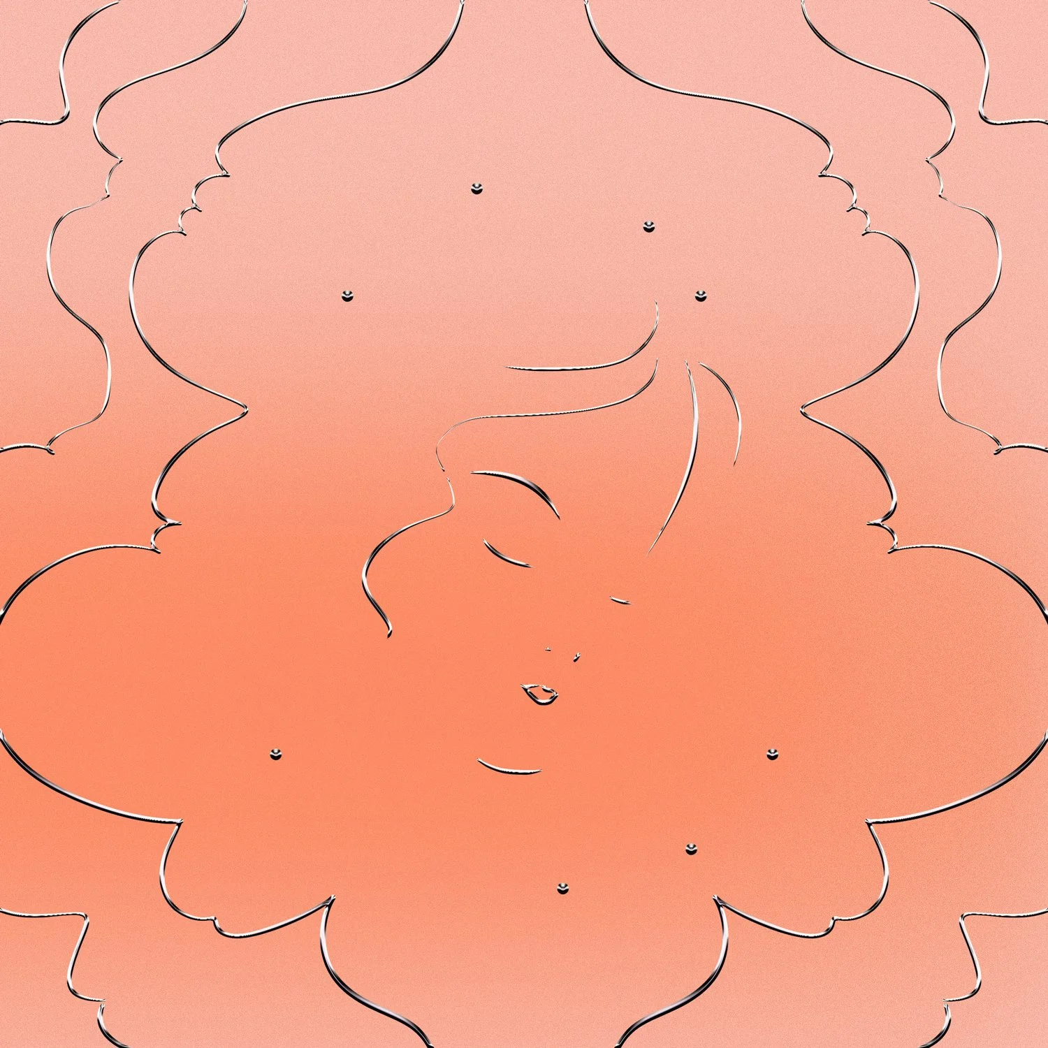 A digitally altered abstract image with wavy black and white lines on a pink background, resembling a stylized female face outline.