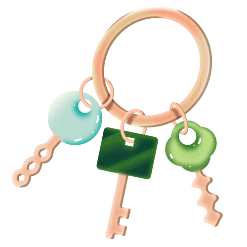 Close-up of a colorful baby keychain with a pink ring and hanging charms, including a blue ball, green square, and green circle.