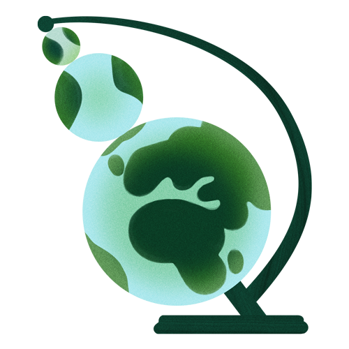A stylized abstract map of the world with green landmasses and blue water, with some artistic color streaks.