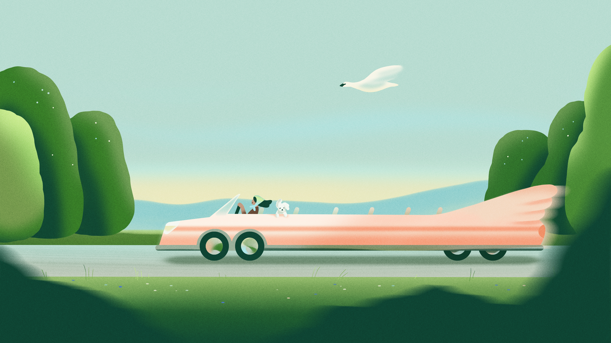 Animated illustration of a woman and a white dog riding a pink convertible car on a road, surrounded by green trees and a white bird flying in a light blue sky.