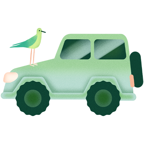 A green off-road vehicle with two windows, large black tires, and a small dove standing on top of the vehicle.