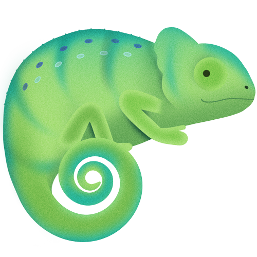 A cartoon chameleon with green skin, blue spots on its back, and a curled tail.