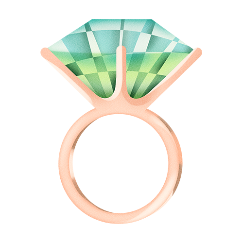 A diamond ring with a large, green, faceted gemstone on a light pink band.