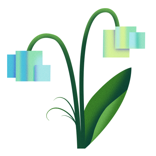 Abstract digital illustration of a plant with green leaves and light blue and purple geometric shapes.