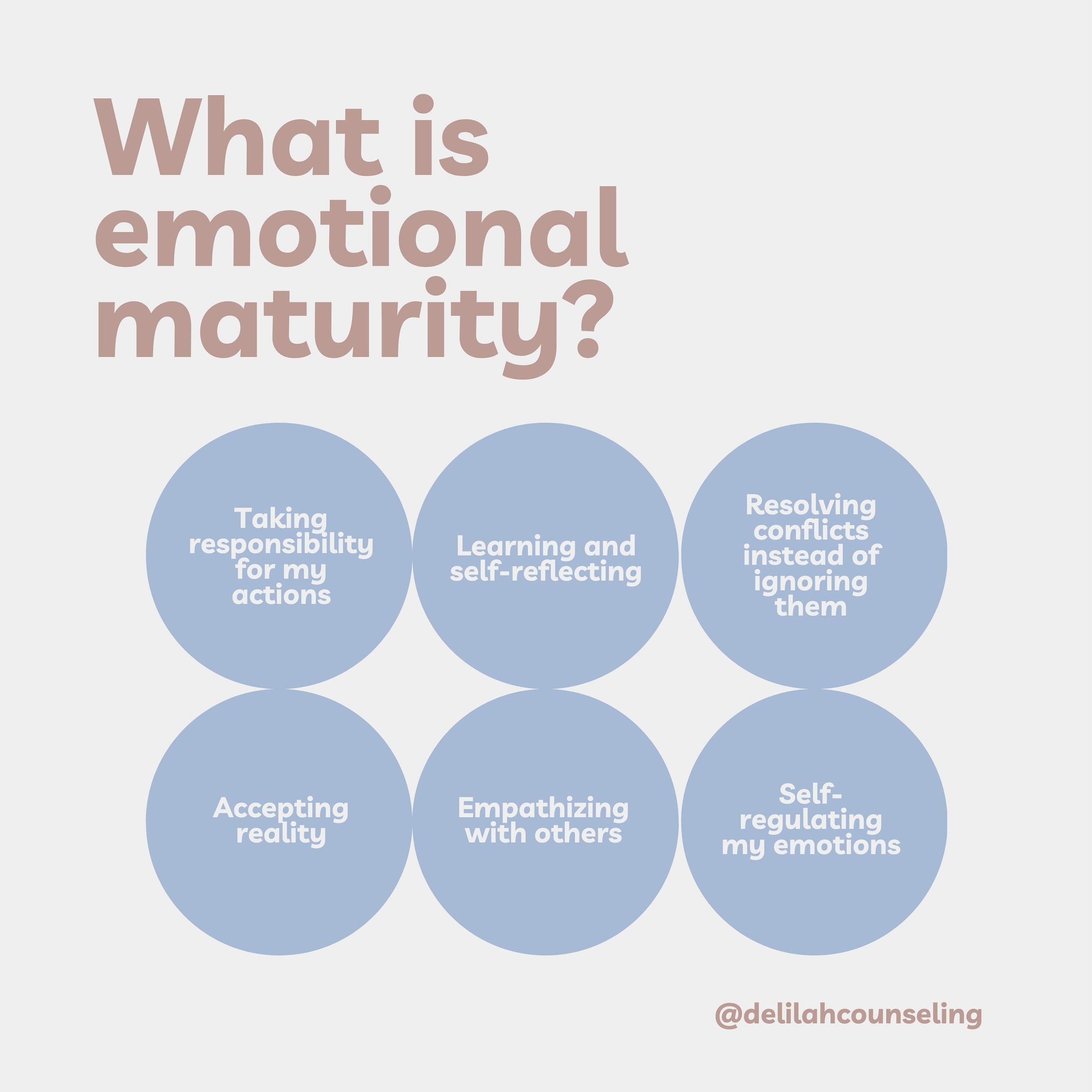 &ldquo;Features of emotional maturity:
&ndash; Taking responsibility for your actions and the consequences they may have
&ndash; Continuing to learn and self-reflect
&ndash; Working through conflict instead of avoiding or ignoring it
&ndash; Acceptin