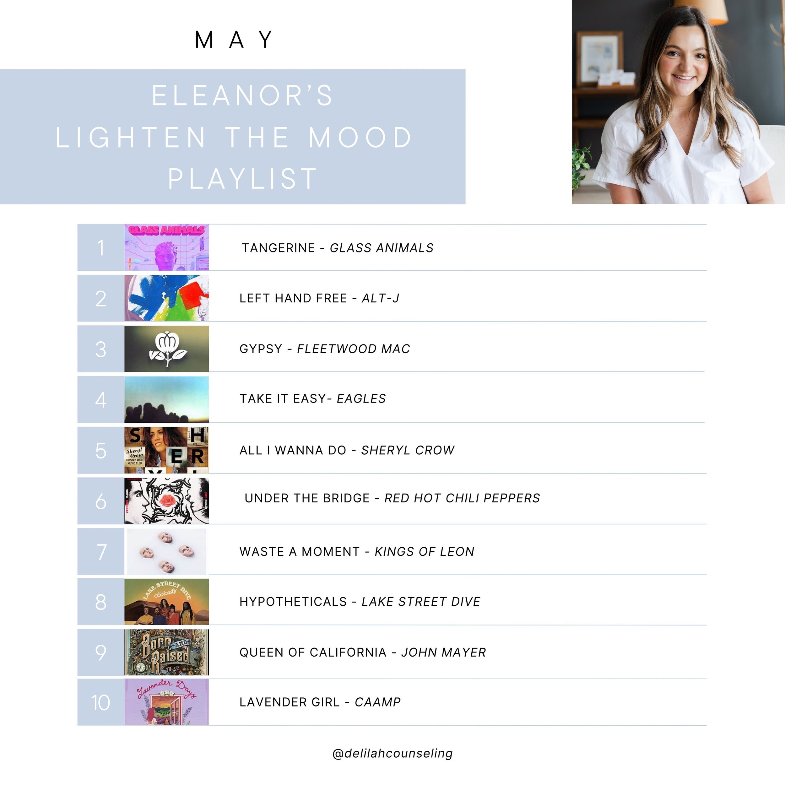 &ldquo;Longer days and summer weather are finally upon us. Here are a few tunes that get me excited for summer &amp; always lighten the mood!&rdquo; - Eleanor Estes, Delilah Therapist ✨