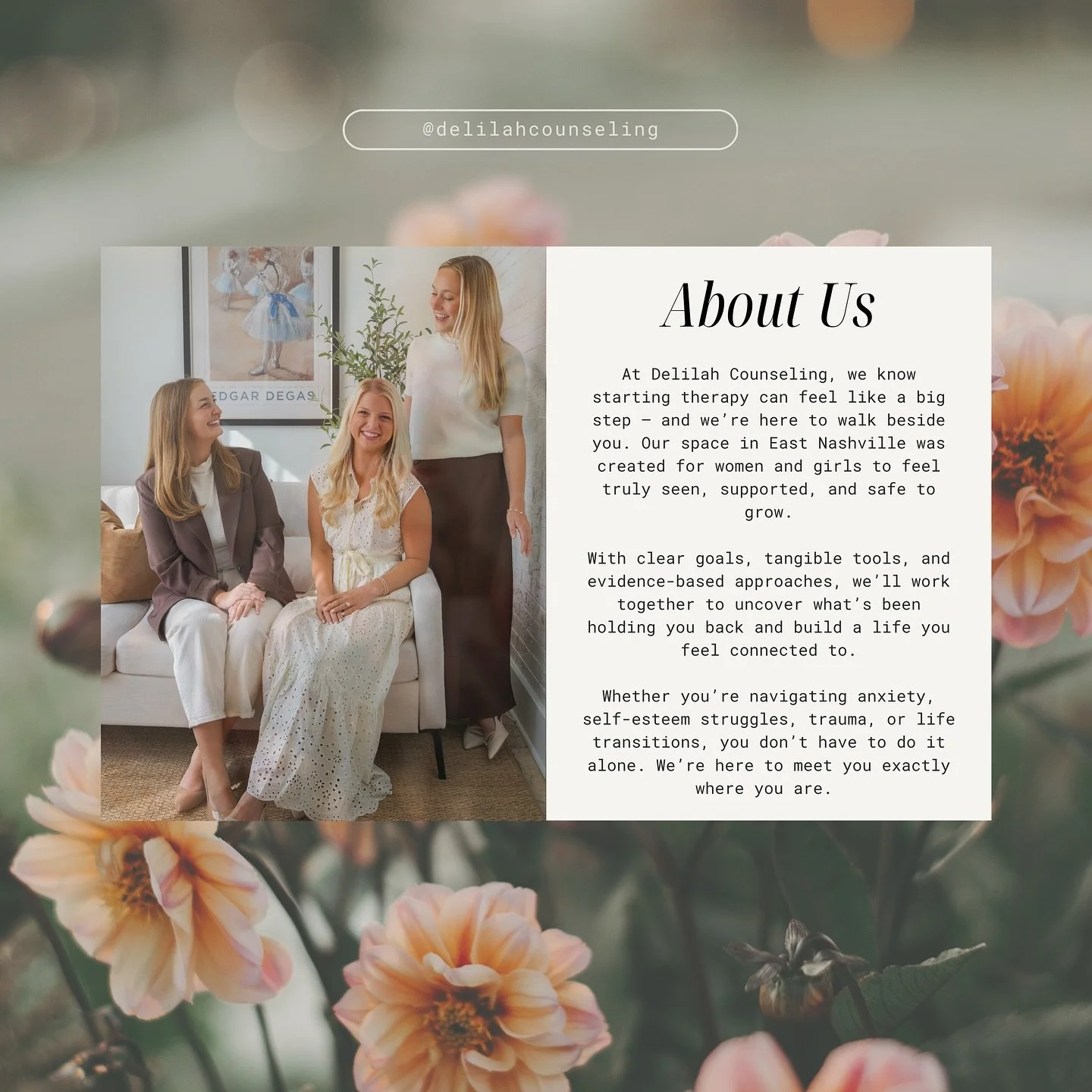 Girl, have you been thinking about starting therapy in Nashville? You’re not alone.
At Delilah Counseling, we specialize in helping women and girls feel safe, seen, and supported as they navigate anxiety, trauma, self-esteem, and life transiti