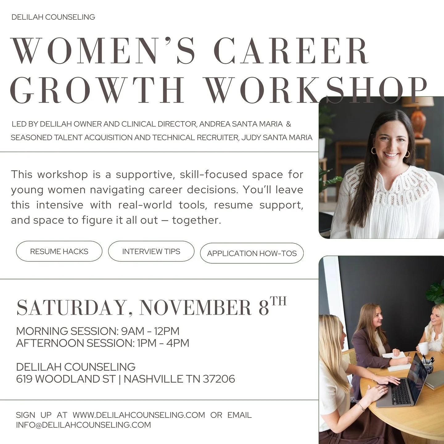 ✨ Calling all young women navigating career transitions — we see you, and we’ve created something just for you.
Join us for the Women’s Career Growth Workshop — a supportive, skill-building space led by therapist Andrea Santa
