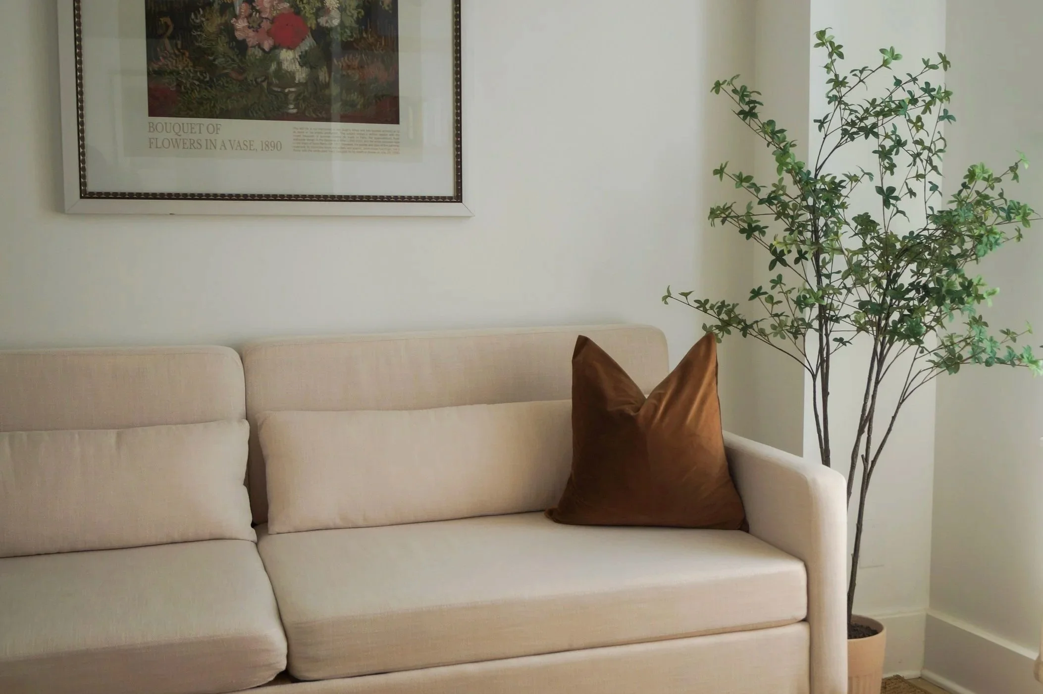 A beige sofa with two brown pillows next to a green leafy potted plant in a corner of a room. A framed botanical print hangs on the wall above the sofa.