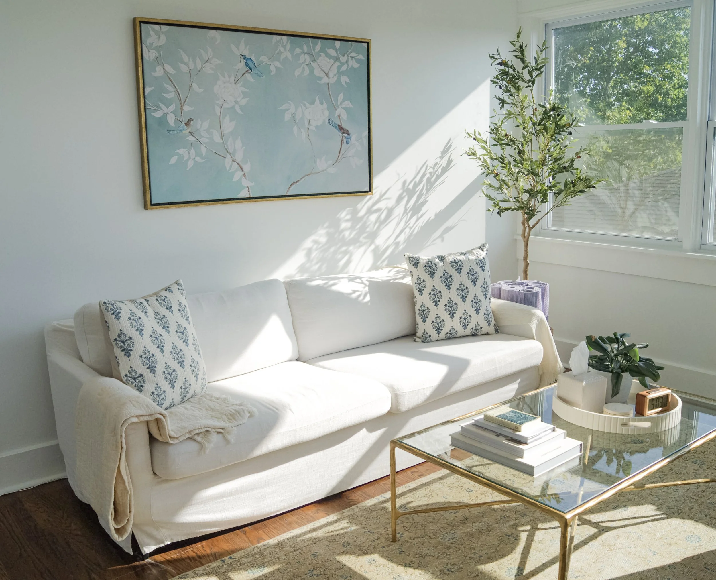 Bright living room with white sofa, patterned pillows, glass coffee table with books and decorative items, large window with trees outside, and a potted plant next to the window. Artwork of birds on a tree branch hangs on the wall.