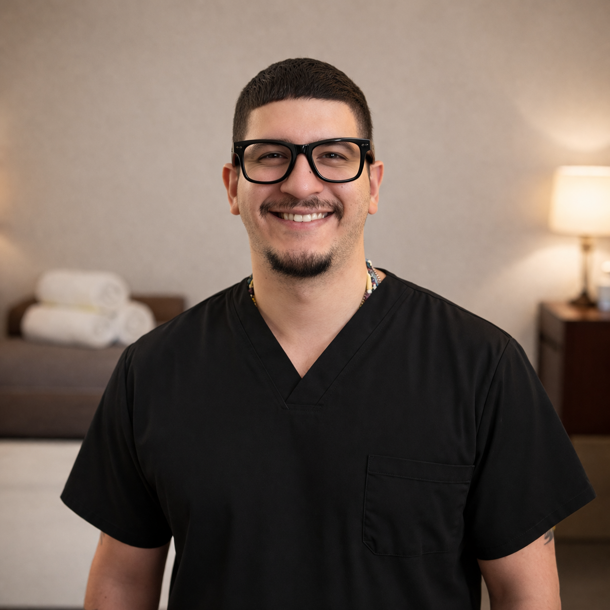 A smiling man with glasses, a mustache, and beard, wearing black medical scrubs and a beaded necklace, standing in a room with a beige wall, a table with rolled towels, and a lit lamp in the background.
