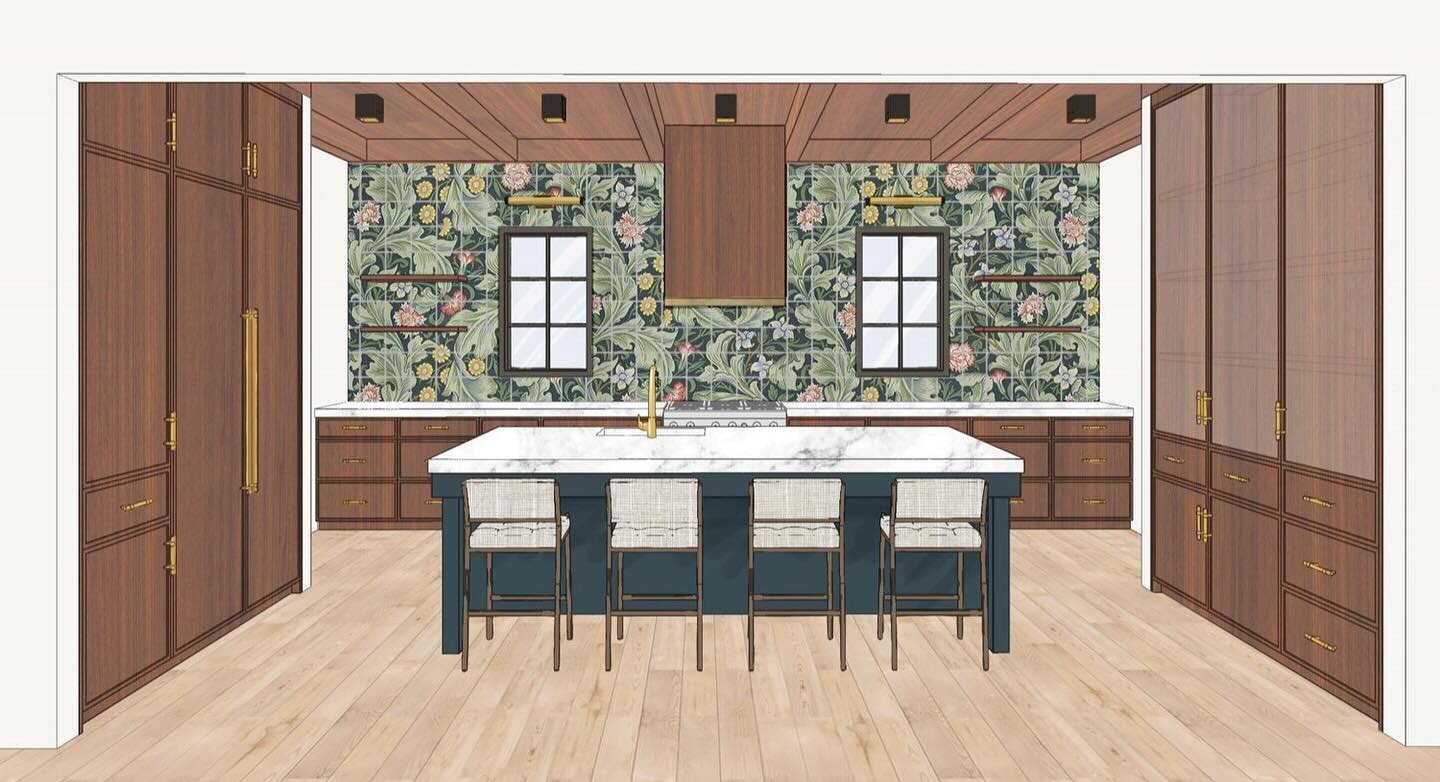 SketchUp model for a fascinating kitchen to come. We use photoshop to help define the scale of the mural pattern. The tile size was reviewed in AutoCAD for detailed positioning, aligning with shelves, and preventing small tiles around the window fram
