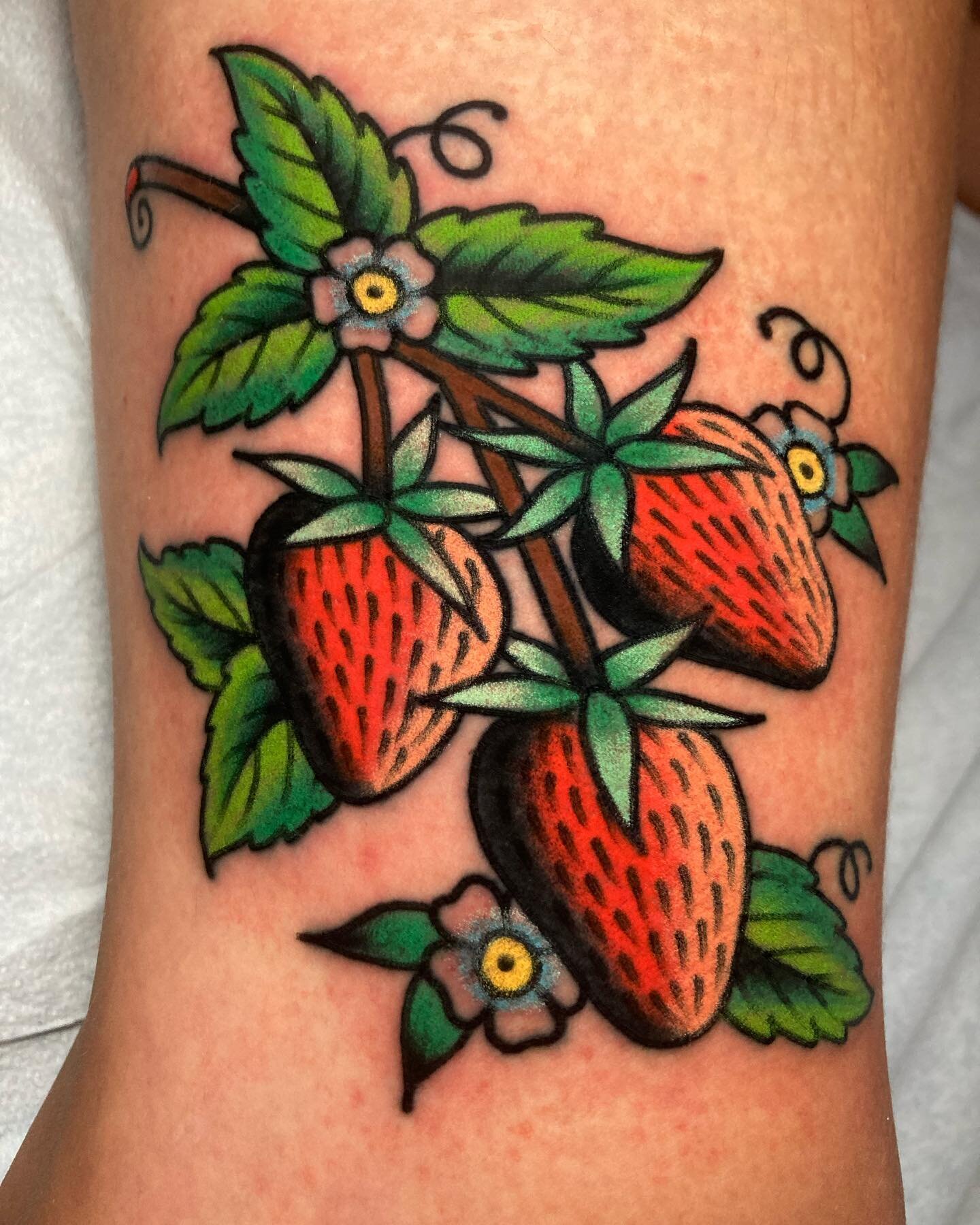 Strawbees on the one and only 
@amii.j @hotlinetattoo 

**************************************
To get on my waitlist, click the link in my Bio. If you're looking for something small, or a walk-in tattoo, feel free to call the shop at
508-827-7911 to 