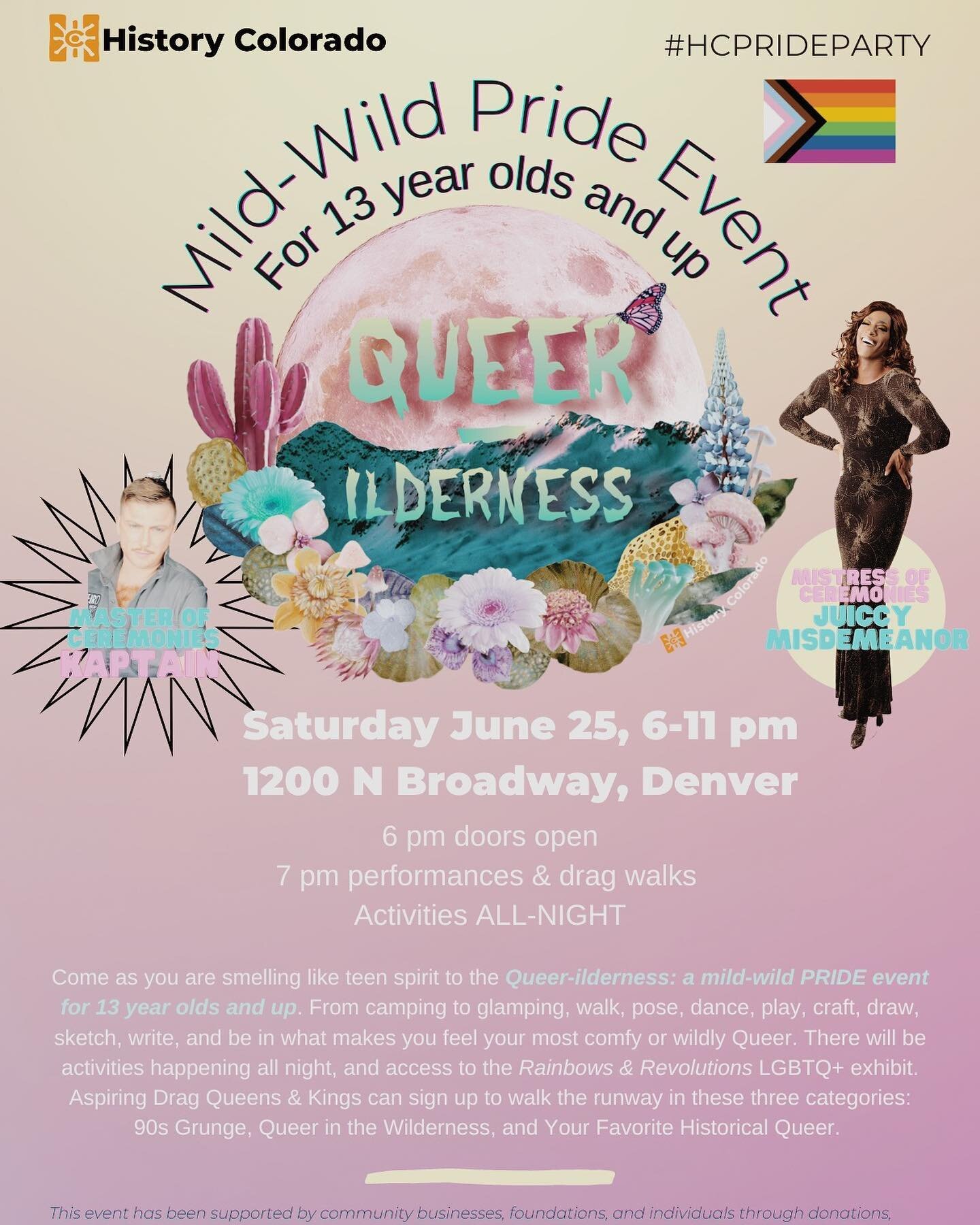 Mark your calendar for June 25th!! Queer-ilderness is an event for 13 year olds and up! There will be a ton of activities from runway walks by aspiring Drag Queens and Kings to crafts and access to the Rainbow and Revolutions LGBTQ+ exhibit. ❤️🧡💛💚