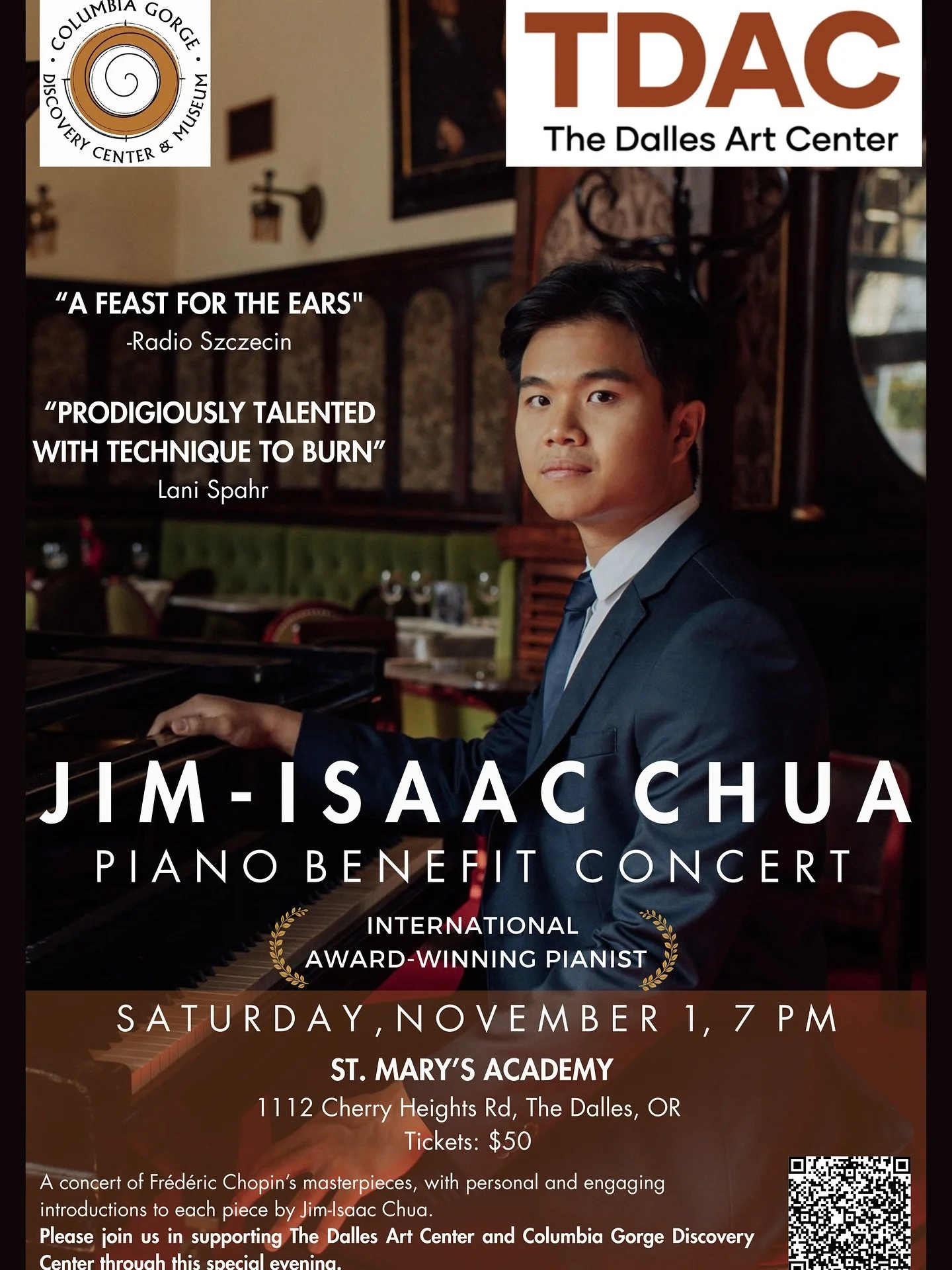🎹 Excited to be performing a benefit concert for the Dalles Art Center @thedallesartcenter and the Columbia Gorge Discovery Center @cgdiscoverycenter on Nov 1, 7 PM at St. Mary&rsquo;s Academy @sma_fndtd ! 🎹✨

The day before, I&rsquo;ll be visiting