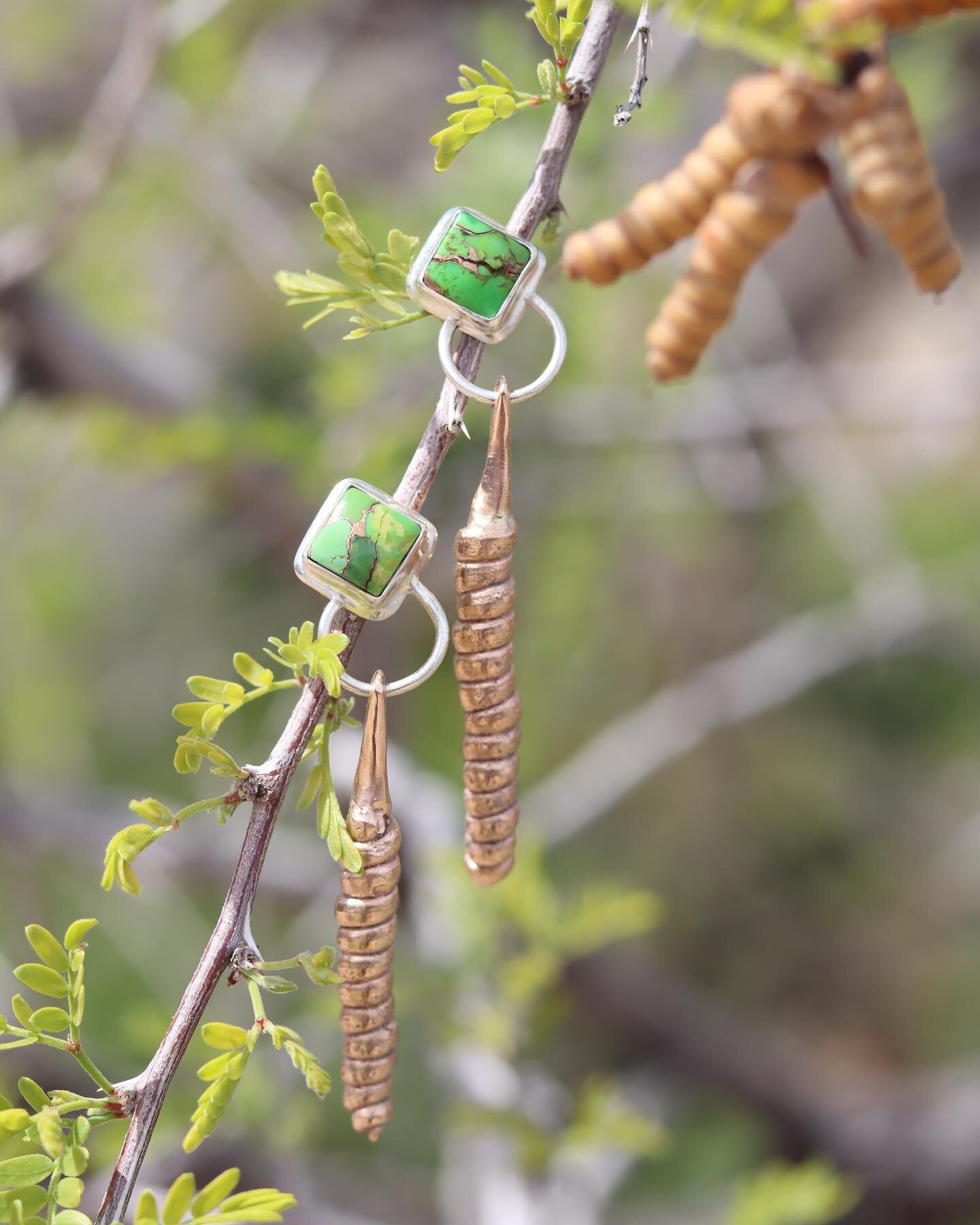 So excited about these new earrings! One-of-a-kind screwbean mesquite pods cast in bronze with Mojave turquoise set in silver. These were my first experiment casting organics and incorporating them into jewelry. I love how they toe the line between l
