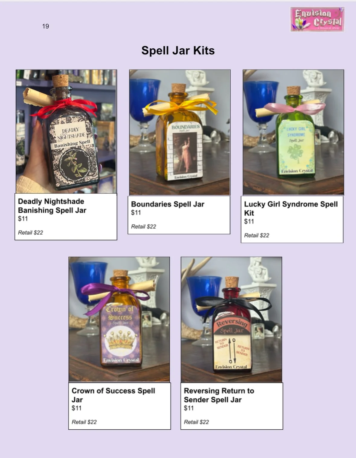 Display of five spell jar kits with colorful labels and bows, including Deadly Nightshade Banishing Spell, Boundaries Spell Jar, Lucky Girl Syndrome Spell Kit, Crown of Success Spell Jar, and Reversing Return to Sender Spell Jar.