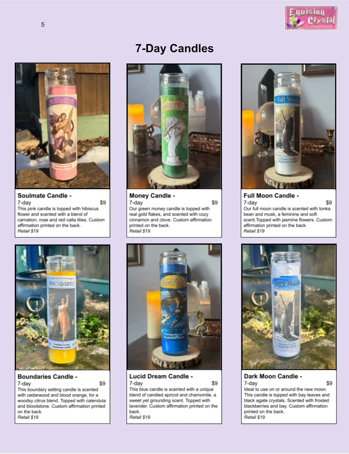 A catalog page with six different candles, each with a unique label and description, under the heading "7-Day Candles." The candles are Soulmate, Money, Full Moon, Boundaries, Lucid Dream, and Dark Moon, each priced at $9 with additional description and artwork displayed.