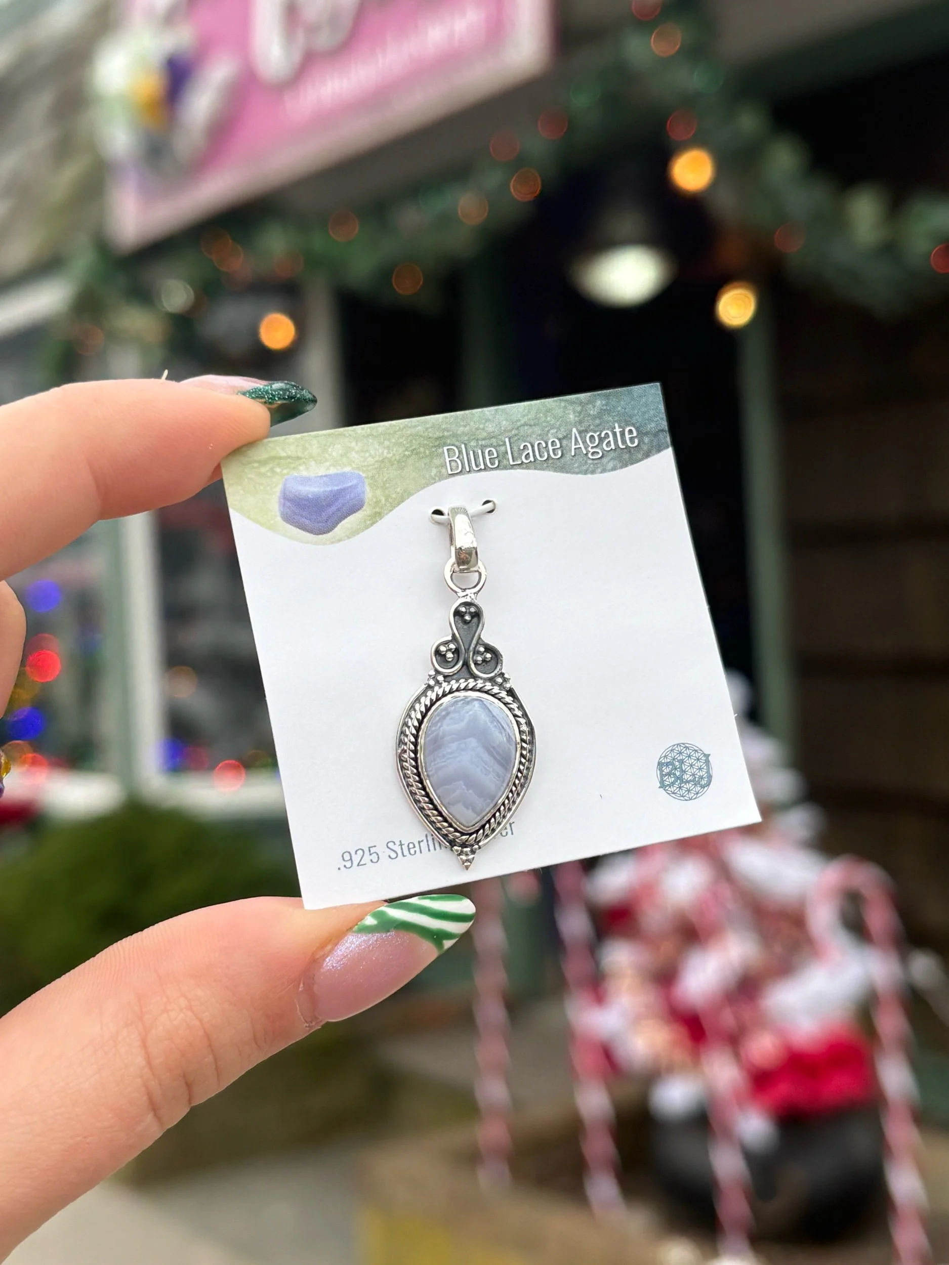 Blue Lace Agate Silver Crystal Pendent Ornate