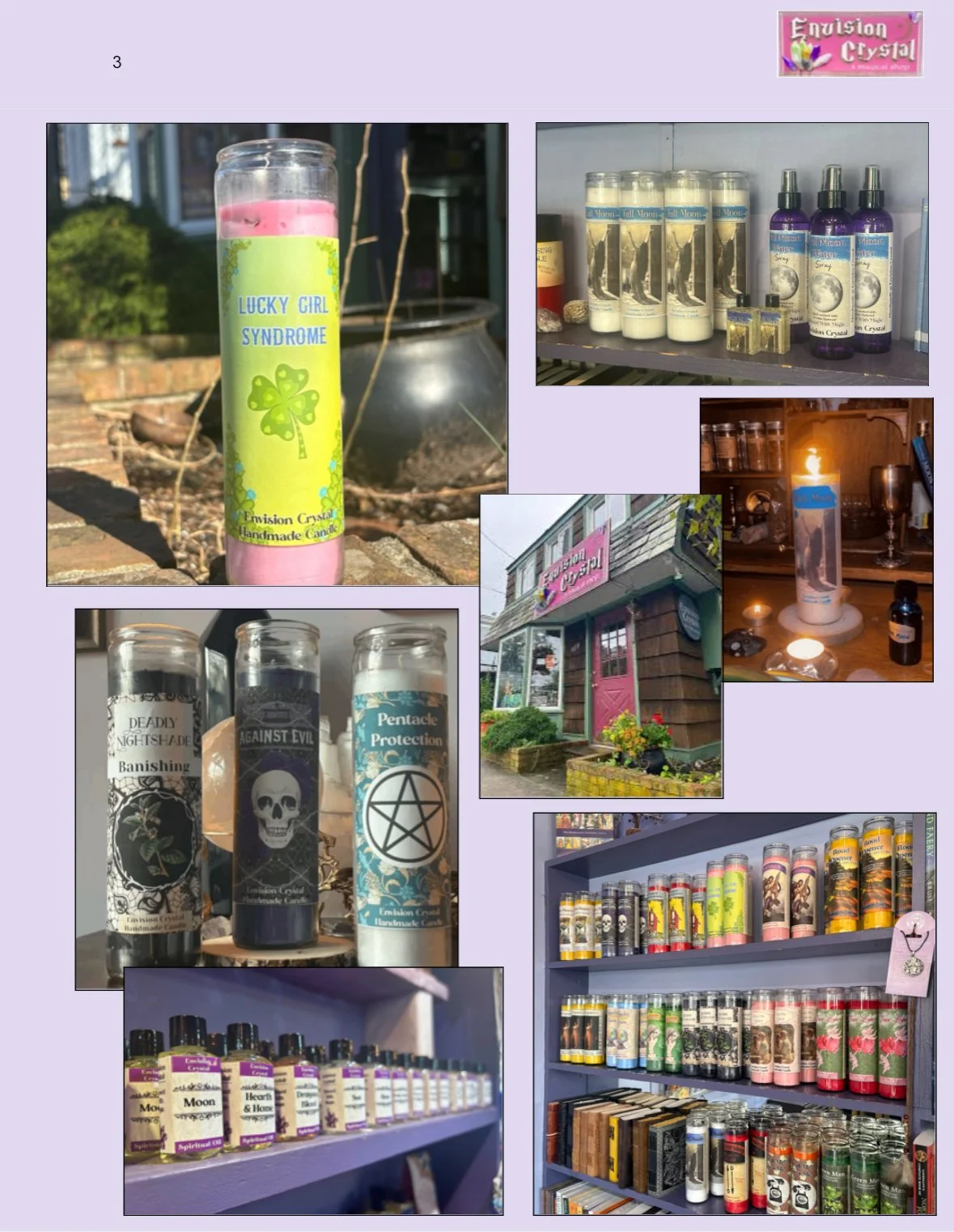A collage of images showing various candles, candles on shelves, and a storefront for Envision Crystal.